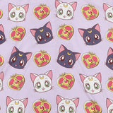 Sailor Moon Luna, Artemis, and Diana All-Over Print Women's Notch Collar Button-Down Shirt and Shorts Sleepwear Set